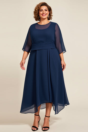 Navy Chiffon A Line Long Plus Size Mother Of Bride Dress with 3/4 Sleeves